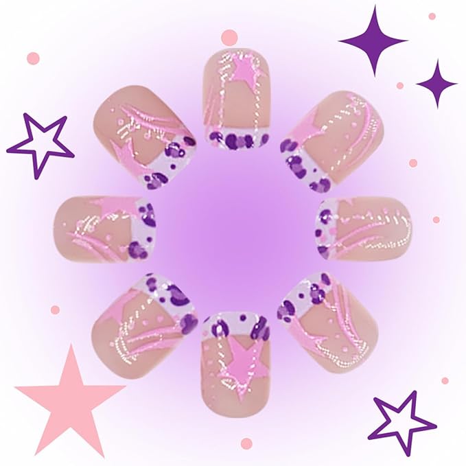 Extra Short Press on Nails Square Fake Nails Leopard French Tip False Nails Press ons with Pink Star Designs Acrylic Nails Full Cover Glue on Nails Artificial Stick on Nails for Women Manicure 24Pcs