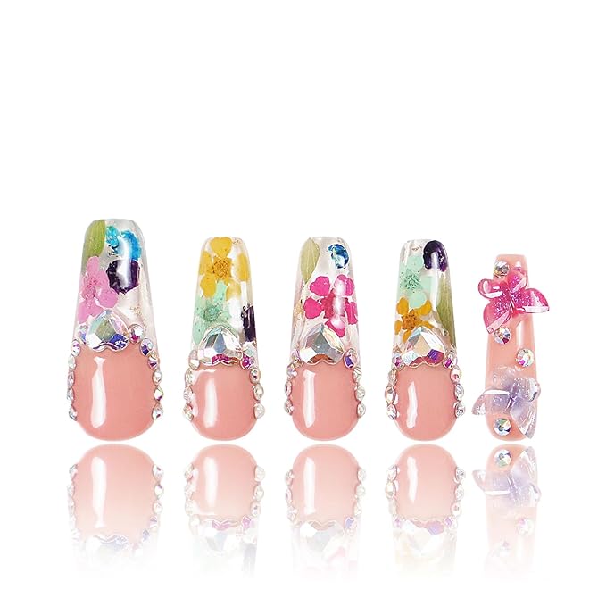 LOVFUL Press on Nails Flora | Handmade with Full Covered Crystals | Reusable Full Cover Nails | Coffin Classic Regular 1.3 in | H176-M