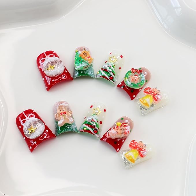 10Pcs Handmade Christmas Press on Nails Short Duck Fake Nails with Glue Winter Christmas False Nails Cute Design Xmas Multi-Layer Acrylic Nails Press ons Reusable Handmade Glue on Nail for Women (S)