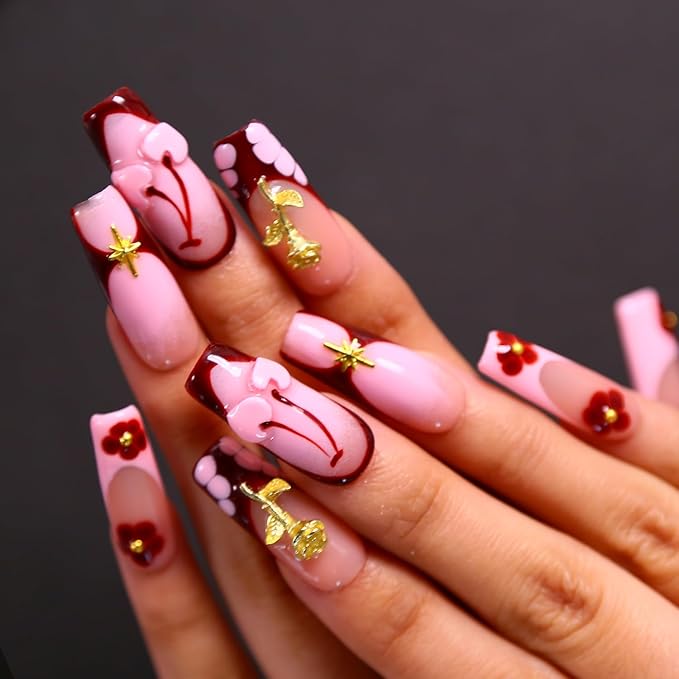 10Pcs Press On Nails Square Shape Hnadmade Fake Nails, Pink French Love Acrylic Nails, Reusable Artificial Gold Plated Decoration Square False Nails for Women (Size S)
