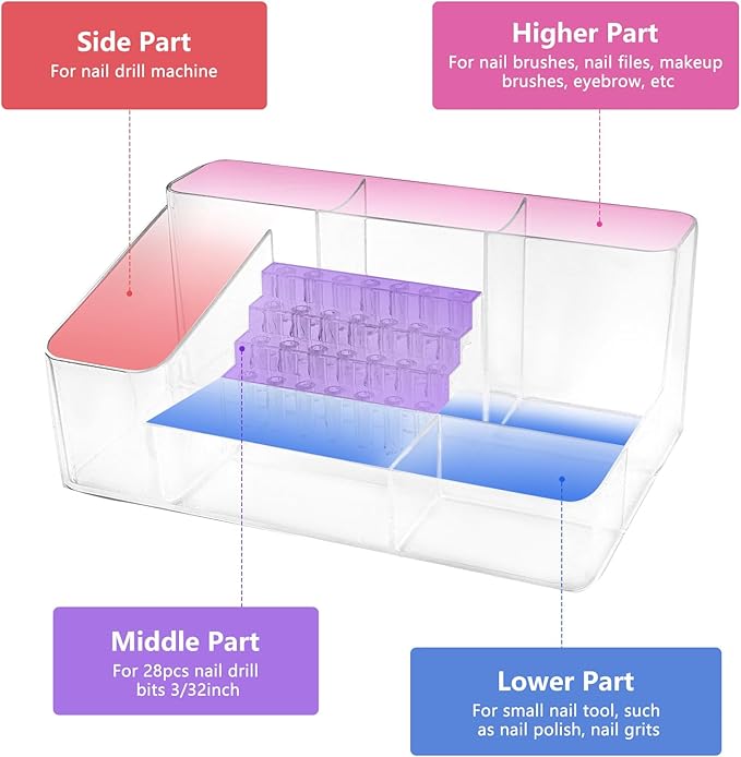 Nail Drill Holder & 28 Holes Nail Drill Bits Holder, Transparent Acrylic Nail Drill Machine Storage Box, Professional Nail Drill Organizer Case for Manicure tools
