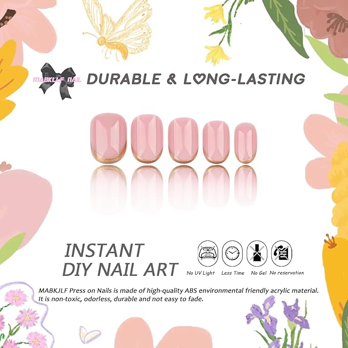 Nude Press on Nails Short Oval MABKJLF Fake Nails Natural Nails False Nails with Gold Glitter Designs Solid Colour Full Cover Glossy Glue on Nails Acrylic Nails for Women Girls 24 Pcs