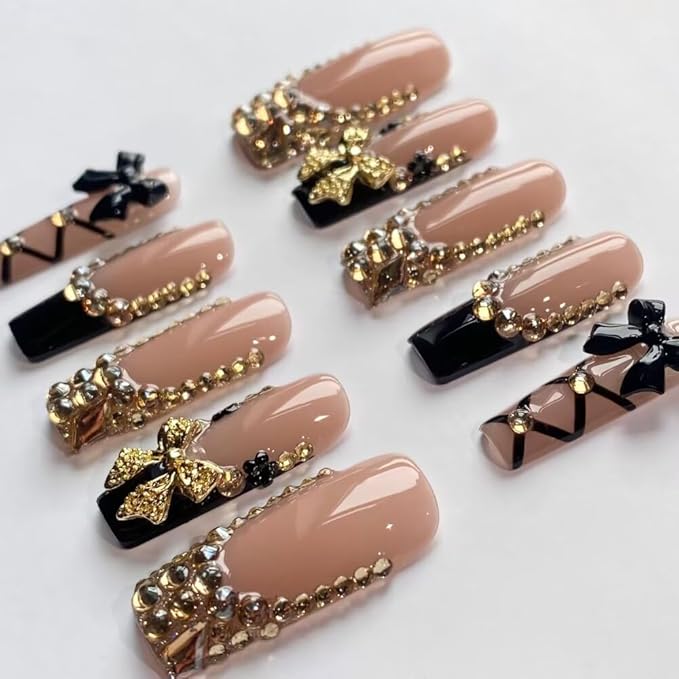 Press On Nails - Handmade French Square Fake Nails, Luxury Cute Golden Bow and Diamond Design, Reusable Artificial Square False Nails for Women 10 Pcs 3D Acrylic Nails Kit (Size L)