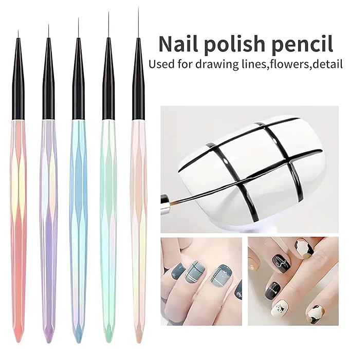 5Pcs Iridescent Handle Nail Liner Brush Set - Professional Ultra-Fine Striping Brushes for Intricate Nail Art, Multi-Color Gel Polish Liner Brushes for Salon & DIY Manicure Detailing