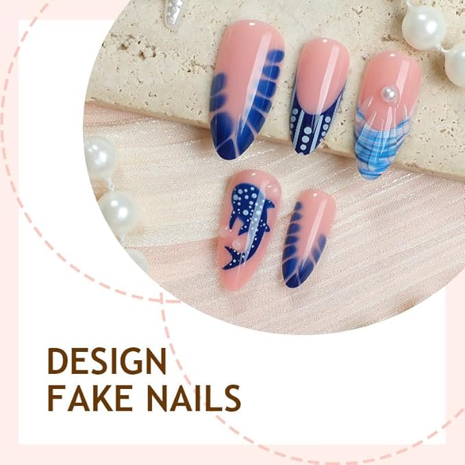 Almond Press on Nails Medium Summer Fake Nails Blue French Tip False Nails Press ons Ocean Fish Acrylic Nails Glossy Glue on Nail for Women Manicure 24Pcs