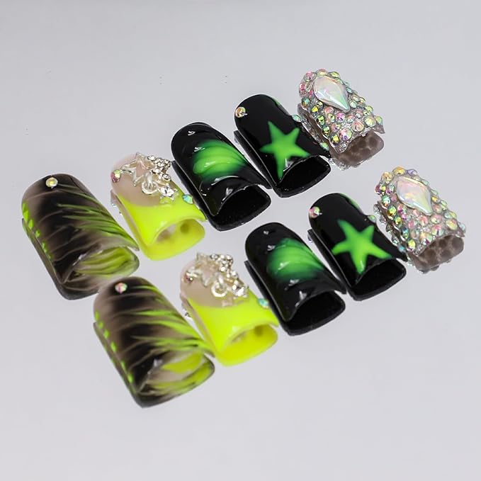 Handmade Press on Nails Medium Duck Nails with Glue,Black and Green Fake Nails with Star Rhinestone Design Reusable Acrylic Nature Stick on Nail Y2K False Nails for Wome (Size M)