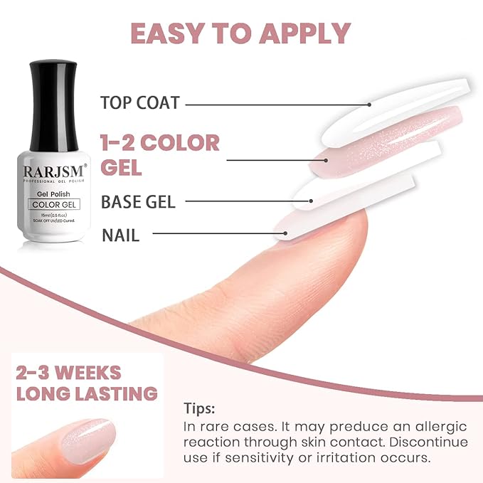 RARJSM Nude Gel Polish Sheer Pink Silver Glitter Jelly Shimmery Nail Gel Polish Iridescent Sparkly Light Pink Soak off Translucent Natural Skin Tone Color 15ml UV LED Cured French Manicure Homa Salon