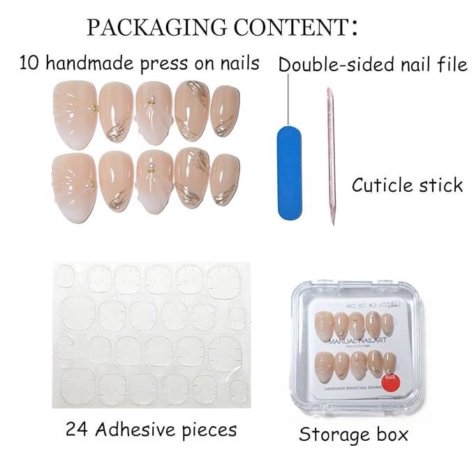 10 Short Almond Handmade Press On Nails | Nude 3D Seashell & Gold Brushstroke Design with Pearl Accents | Salon-Quality, Easy Apply/Remove, Reusable & Long-Lasting (251211, S)