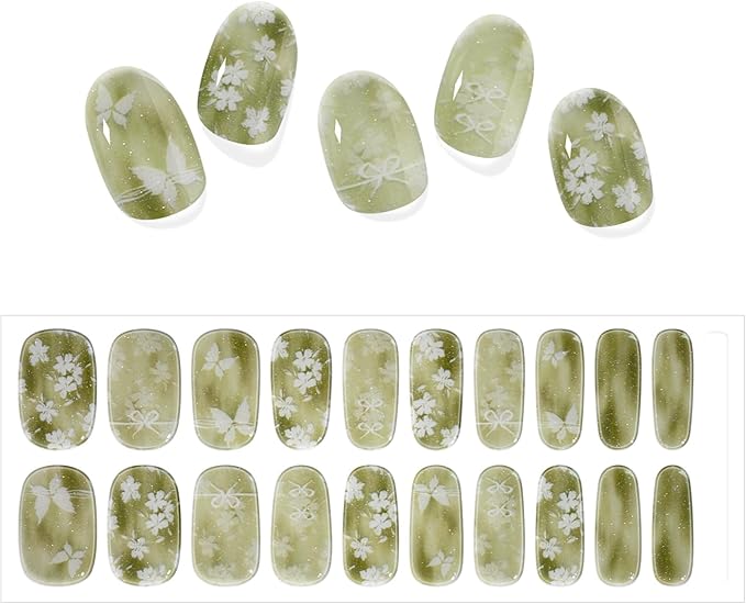 SILPECWEE Semi Cured Gel Nail Strips (Hazy Flower - 20 PCS), Gel Nail Stickers Full Wraps for Women, UV Light Required | Salon Quality | Long Lasting - Include File, Cuticle Stick