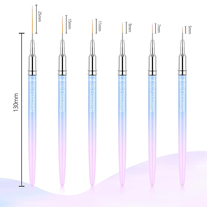 Liner Brush for Nails, 6Pcs Thin Nail Art Brushes Professional Nail Detail Brush for Gel Polish Sizes 5/7/9/11/15/25mm (Blue and Pink)