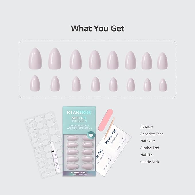 BTArtbox Press On Nails Almond - Pastel Purple Short Press On Nails with Glue for Women, Opaque Soft Gel Glue On Nails in 16 Sizes - 32 Stick On Nails Kit, Satin Memo