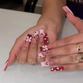 Strawberry Press on Nails Long Square Fake Nails - 3D Bow Heart Charms Design Pink French tips False Nail Red Spring Nails Glossy Reusable Summer Nail for Women Manicure 24pcs