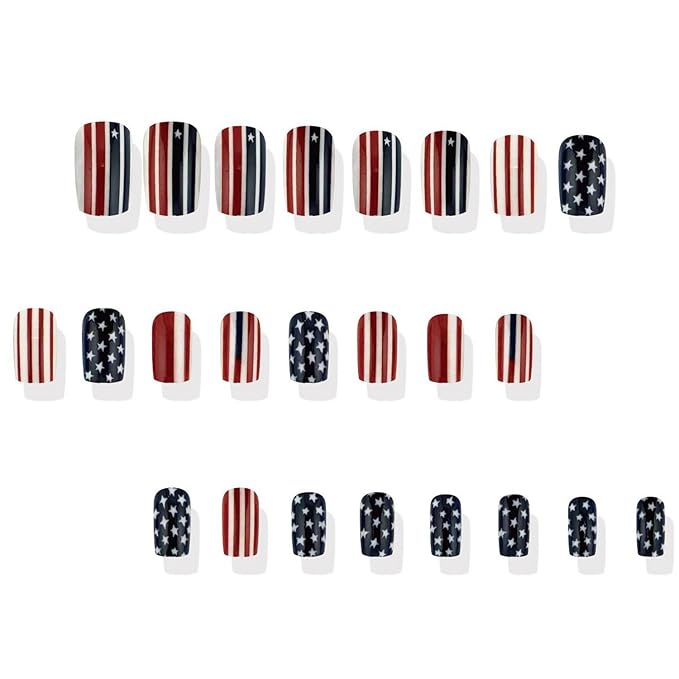 4th of July Press on Nails Medium Square MABKJLF Fake Nails False Nails with Stars Stripes Designs Full Cover Glossy Glue on Nails Blue Red White Acrylic Nails for Women Girls 24 Pcs