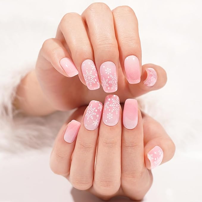 Christmas Semi Cured Gel Nail Strips - 20Pcs Pink UV Gel Nail Wraps with Snowflake Design, Long Lasting Salon-Quality Stickers, Includes Nails File & Wooden Stick - UV/LED Lamp Required