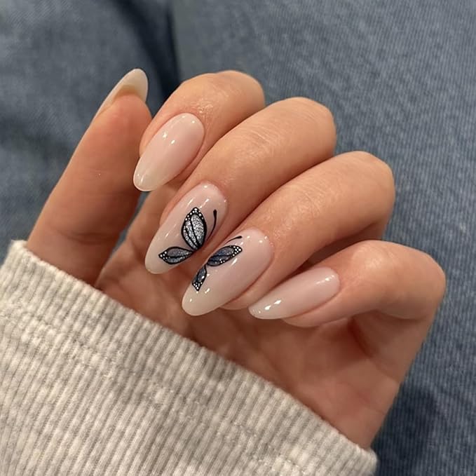 Butterfly Press On Nails Almond Shape, Nude Fake Nails with Butterfly Cat Eye Gray Ombre Design, Glossy Gel Finish Acrylic Nails Kit for Women, Natural Reusable Glue-On Nails Set, 24 Pcs