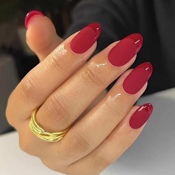 Red French Press on Nails Short Almond-Solid Red Nails with Glossy French Tip in a Matte Finish, Soft Gel Reusable Fall Fake Nails Winter Burgundy Stick on Nails for Women Gift, 32PCS 16 Sizes
