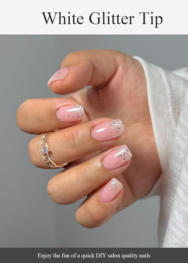 Semi Cured Gel Nail Strips (White Glitter Tip), 20 Pcs Pink Base Gel Nail Wraps, Stickers, Salon Quality, Long Lasting, Works with Any UV Lamps