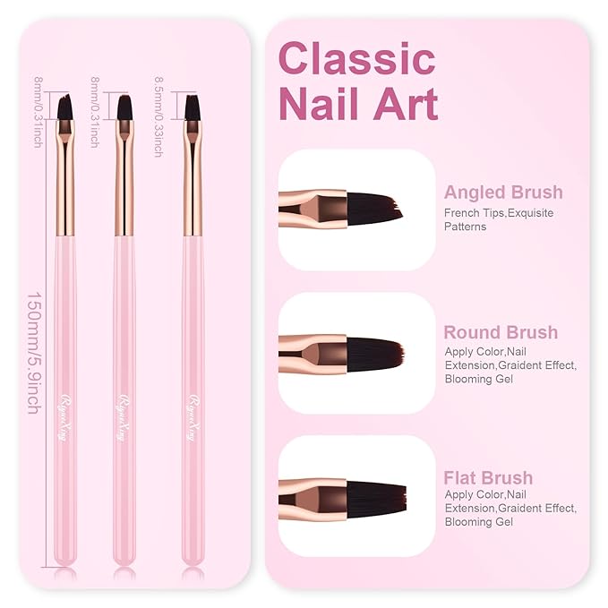 Nail Art Clean Up Brushes - 3Pcs Nail Art Brush Set with Flat/Oval/Fine Angled Gel Brush, Nail Extension Tool for Professional DIY Home Salon(Clear Pink)