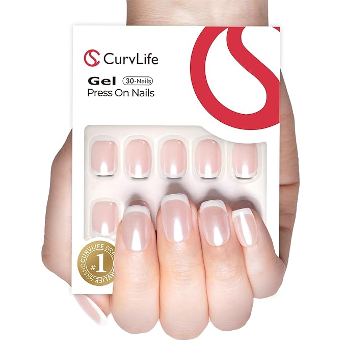 Curvlife Press On Nails Short Square White - Pearl French Tip Press on Nails with Glue, Glossy Nude White Pearl French Fake Nails Long Lasting False Nail Tips for Women