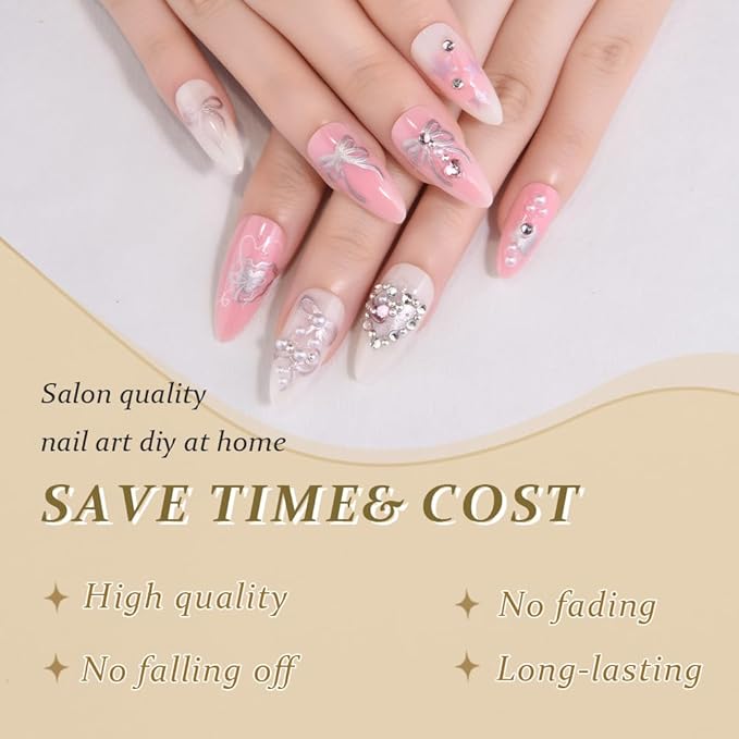 evpct 3D White Pink Handmade Press On Nails Almond Medium, 3D Crystal Heart Design Fake Nails Rusable for Spring & Summer Daily Wear, False Acrylic Nail with Kits Press ons Nail for Women Gift, 24Pcs