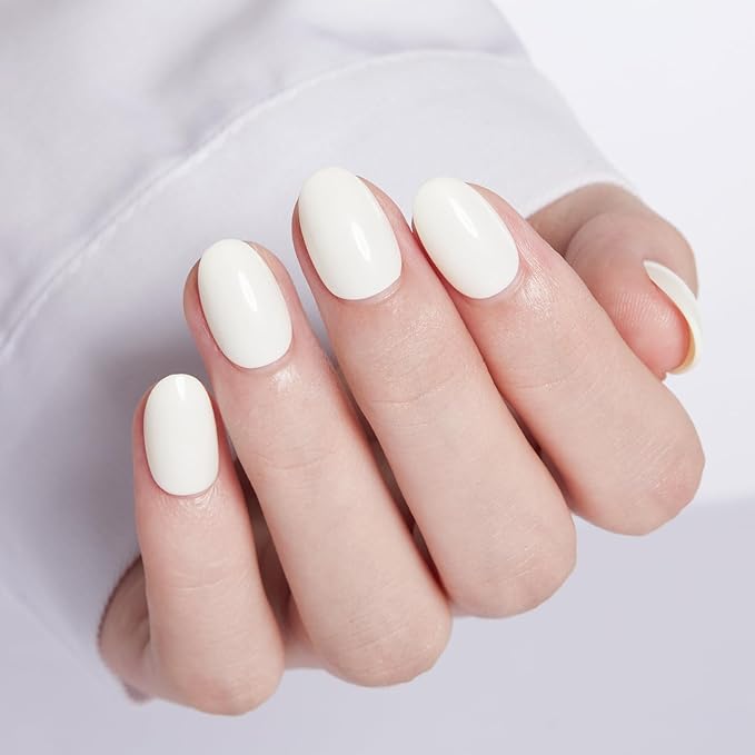 modelones Short Press on Nails, Oval Fake Nails Kit Press Ons with Nail Glue, Adhesive Tabs, Nail File, Prep Pad, Manicure Stick, 32Pcs 16 Sizes, Milky White, Spring Women Girl Gift