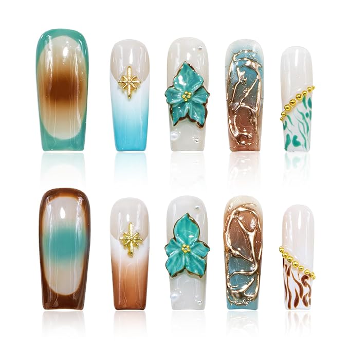 Coffin Handmade Square Press on Nails with Charms – Ombre French Tip 3D Rhinestones Flower Cross Design 100% Artisan-Crafted Reusable Stick on Fake Nails (Size S)