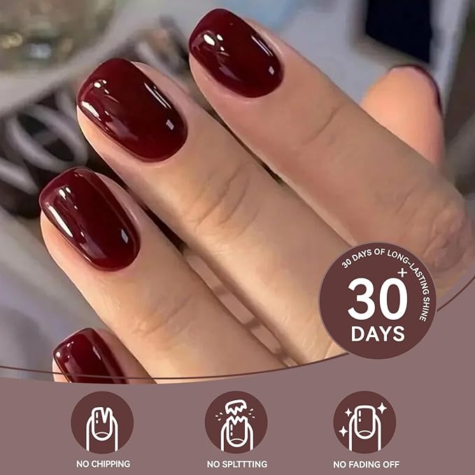 Dark Red Press on Nails Short Square, Sofe Gel Glossy Burgundy Nails Fall Full Cover Glue on Nails, Reusable Winter Thick Pretty Fake False Acrylic Nails Press Ons for Women,32pcs