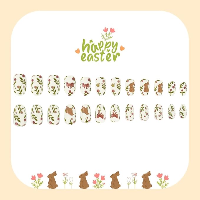 Cute Rabbit Press on Nails Easter Press on Nails - Medium Oval Fake Nails with Flower | Bow Designs False Nails Press ons Spring Full Cover Stick on Nails Easter Nails for Women Manicure 24Pcs