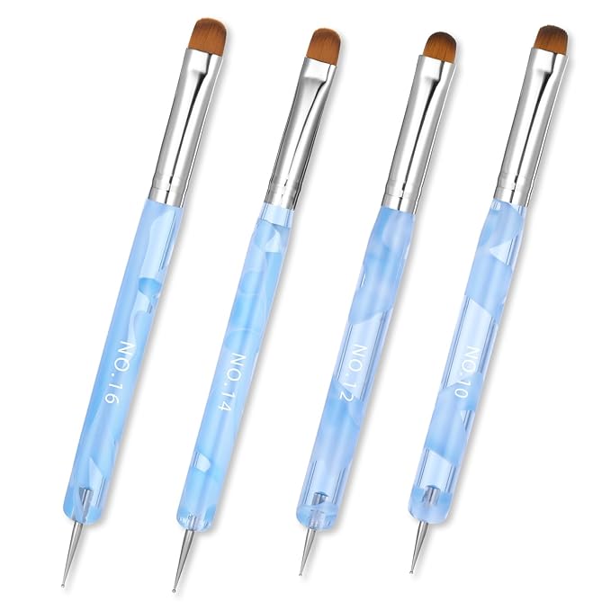 4pcs French Gel Nail Art Brush Acrylic Two Way Nail Art Brush with Dotting Professional Manicure Tool for Manicure Cuticle Clean up Detailed Designs Nails Dotting Pen (10#, 12#, 14#, 16#)