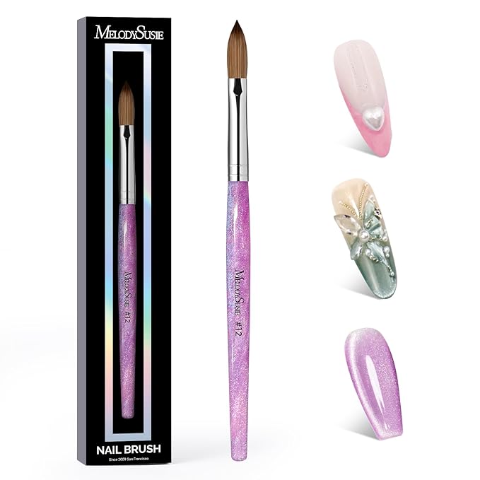 MelodySusie Kolinsky Acrylic Nail Brush,66% Kolinsky Hair Professional Nail Art Brush for Acrylic Application, Aurora Collection Fine Glitter Brush, Purple, Size 12