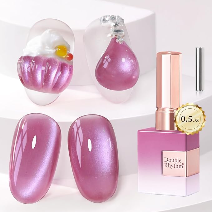 Double Rhythm 15ML Ice Glass Cat Eye Gel Polish with Magnet Holographic Glitter Shimmer Translucent Sheer Color Salon Soak Off Magnetic Nail at Home (Purple Pink-MC1243)
