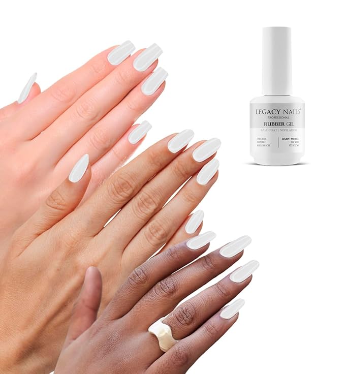 LEGACY NAILS Professional Rubber Gel Base-Coat 0.5 fl oz. Nivelador UV-LED Full Coverage Elastic Thick Flexible Gel Base Coat Builder (BABY WHITE)