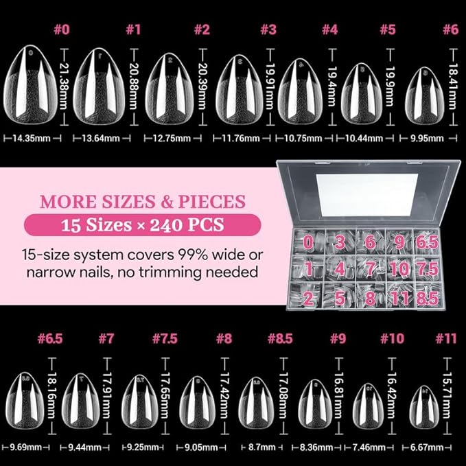 Short Water-drop Fake Nail Tips, 15 Sizes 240 PCS Clear Half Matte Press On False Nail Tips Soft Full Cover Gel Nail Tips Extensions Strong Thick Long Lasting for DIY Beginners & Salon Manicure