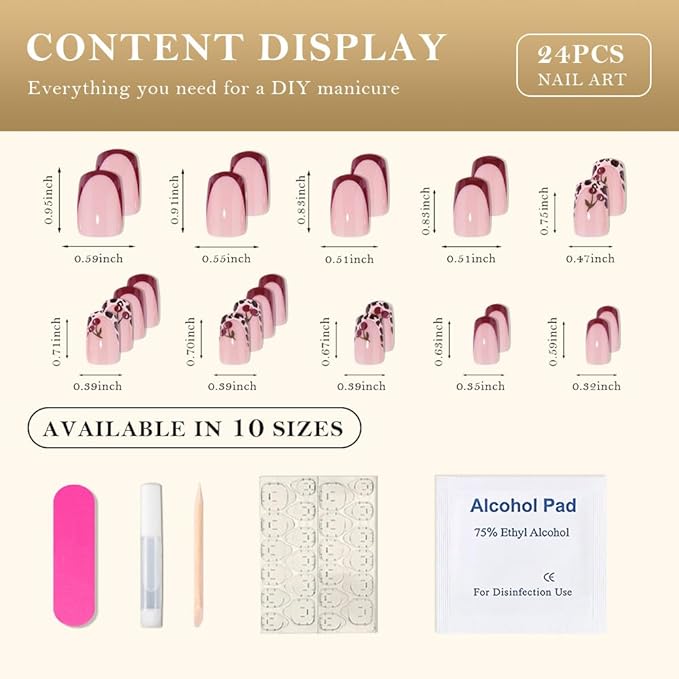 evpct Spring & Summer Press on Nails Medium Square, Cherry Fake Nails Press ons with 3D Pattern Design, Light Weight Perfectly Fit Fake Nails for Women Gift, Fake Nail Kit with Kits Gel, 24Pcs