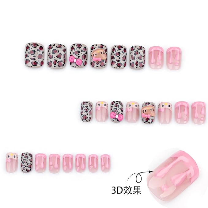 Cute Press on Nails Short Square Fake Nails with 3D French Cute Kawaii Design Leopard Pink Press ons Cartoon Nail Tip Artificial Acrylic Nail Cute False Nails for Women Manicure 24Pcs