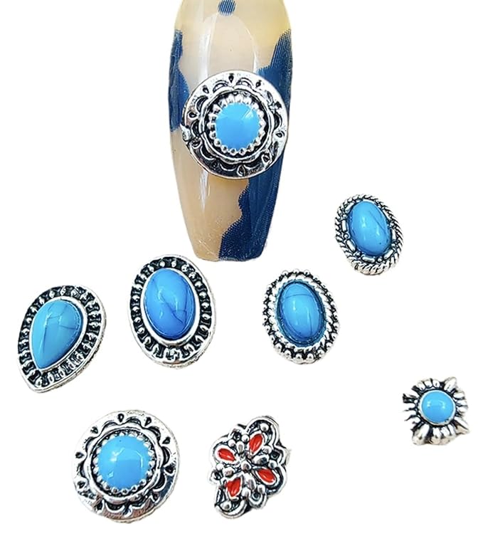 50pcs Western Nail Art Jewelry 3D Turquoise Jewelry Vintage Mixed Oval Blue Pink Marble Nail Art Jewelry for Nail Phone Case Halloween Wedding Party Decoration DIY