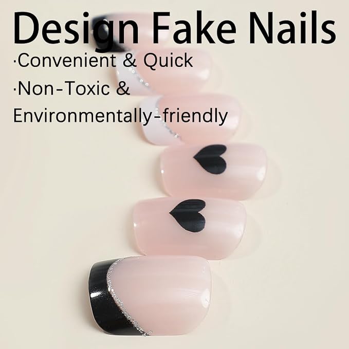 Short Press on Nails Square - French Tip Fake Nails with Black Heart Design - Glossy Full Cover Stick on Nails - for Women 24 Pcs
