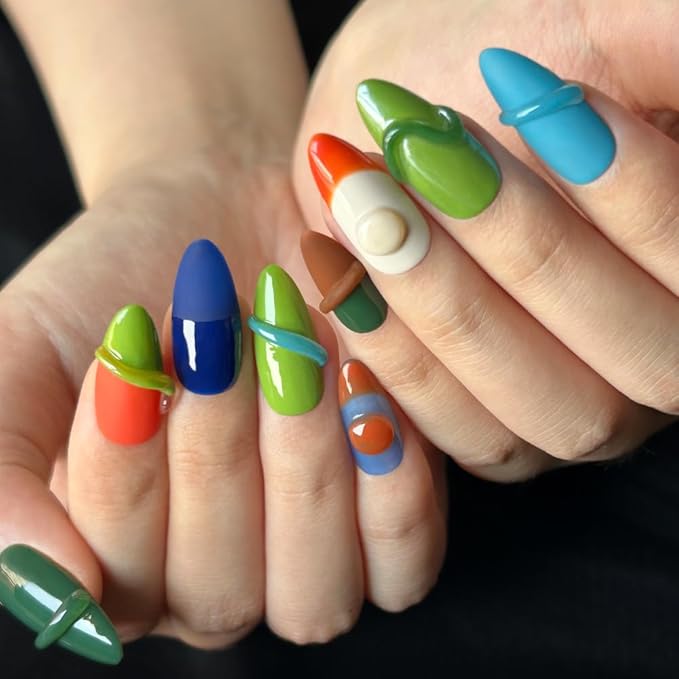 Women Press On Nails - Medium Almond Handmade 10Pcs Unique Fake Nails, Artistic Design, Thick Acrylic and Muti-Layer Gel False Nails (Size M)