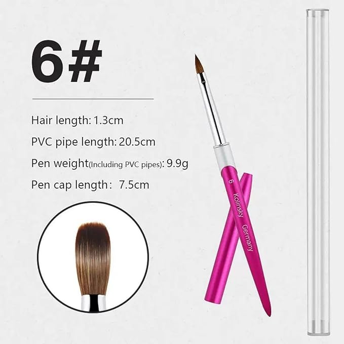 100% Pure Kolinsky Acrylic Nail Brush Size 6, Hair Acrylic Crystal Hot Red Pink with Silver Ferrule Round Shaped for Women Girls Manicure Tools Accessories