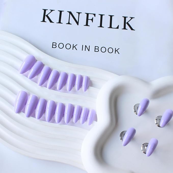 Light Purple Press on Nails Almond Shaped Medium Almond Nails Press on Neutral Acrylic Nails Reusable Fake Nails for Women Girls, Glue on Nails Medium Length Stiletto False Nails Gel Artificial Nails