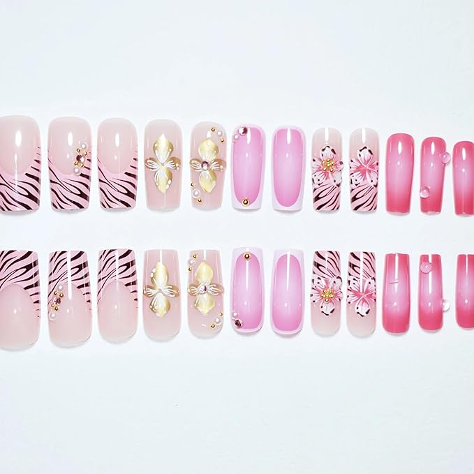 Press on Nails Coffin Long Length Acrylic Glossy Full Cover Square Shaped French False Nails with Designs Artificial Extra Long Fake Nails with Charms Glue ons Fingernails for Women(AS01)