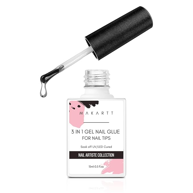 Makartt Gel Nail Glue: 3 in 1 Nail Glue for Acrylic Nails Extension Super Strong Adhesive Long Lasting Brush on Glues for Tips, Base Coat & Slip Solution, & Stick Rhinestone, Curing Needed, 15ml