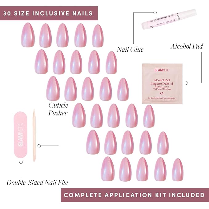 Glamnetic Press On Nails - Seaspell Fake Nails | Short Almond Pink Fake Nails with a Velvet Finish, Salon Quality Summer Nails | 15 Sizes - 30 Nail Kit with Glue