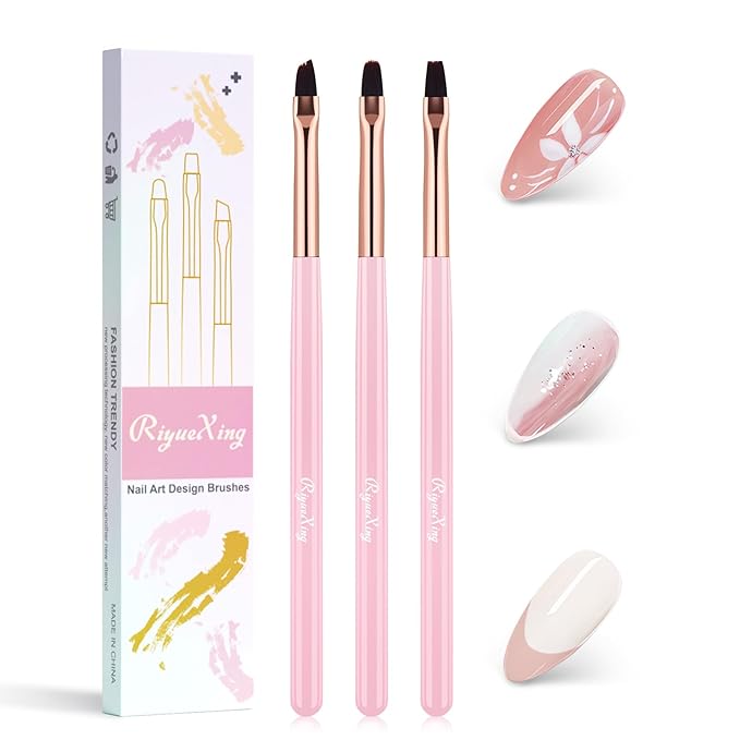 Nail Art Clean Up Brushes - 3Pcs Nail Art Brush Set with Flat/Oval/Fine Angled Gel Brush, Nail Extension Tool for Professional DIY Home Salon(Clear Pink)