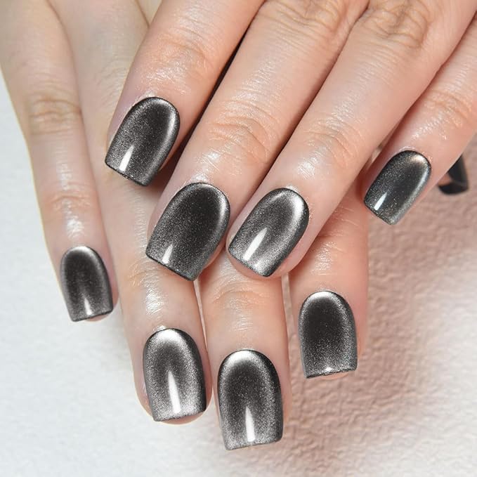 evpct Black Silver Cat Eye Press on Nails Short Square, Short Square Stick on Nails for Women Gift, Silver Grey Gray Metallic Glitter Shimmer Reusable Gel Press on Acrylic Fake Nail with Design