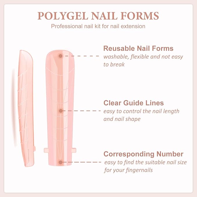 288Pcs Polygel Nail Form Kit 12 Color 12 Sizes Reusable Nail Extension Mold Dual Forms with 6Pcs Nail Clips, Dual-Head Brush Pen, Nail File & Cuticle Pusher for Beginners