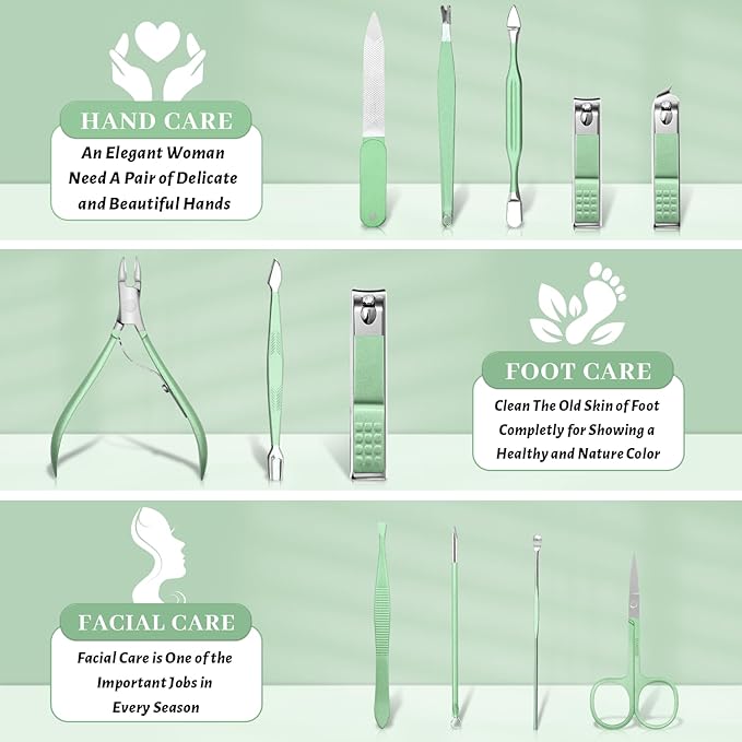 Manicure Pedicure Set, Nail Clipper Set for Men Women, Professional Manicure Kit Pedicure Kit, Nail Care Kit with Green Travel Leather Bag, Set 12 in 1