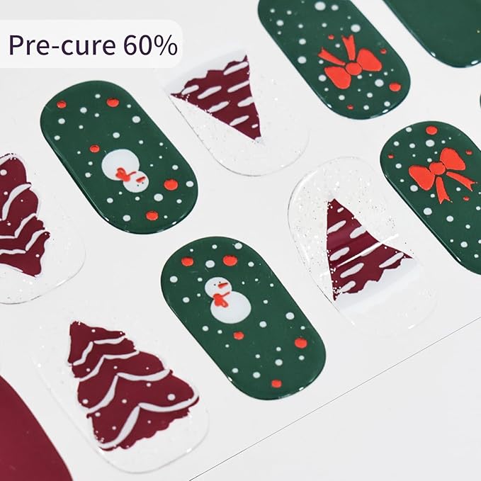 Semi Cured Gel Nail Strips, 28Pcs Christmas Nail Stickers/Wraps, Long Lasting UV Nail Polish Strips for Adults(Snowman Christmas Tree)