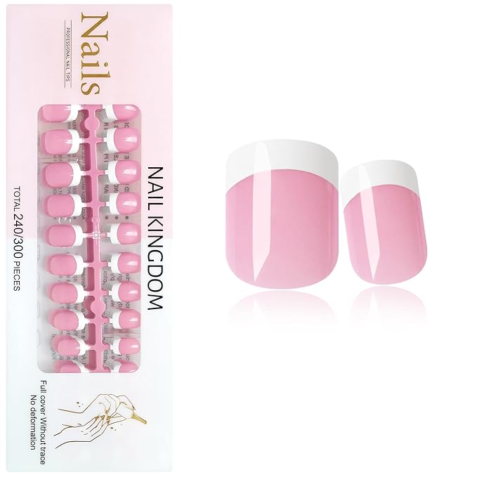 240PC White French Tip Press on Nails Short Fake Nails Press ons with 5*Adhesive Tabs, Pink Square Acrylic Nail Press on Nail French Tip Nails False Artificial Fingernails Stick on Nails-C