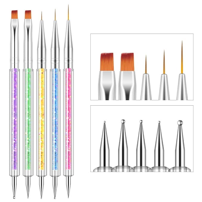 HIGHROCK Nail Art Liner Brushes Pens Dual-Ended Nail Art Point Drill Drawing Brush Pen Manicure Tool Nail Art Design Dotting Pen Tools (5PC)
